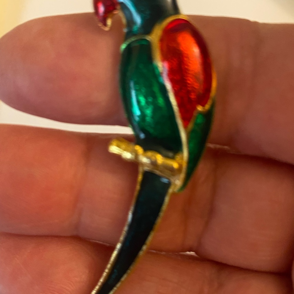Green and Red Enamel Parrot Pin Brooch - Brand Unknown
